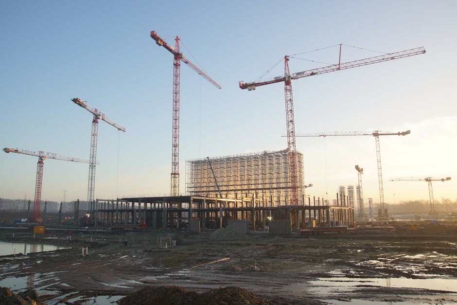 Wide view of a construction site with cranes and building framework at sunset. Industrial landscape.